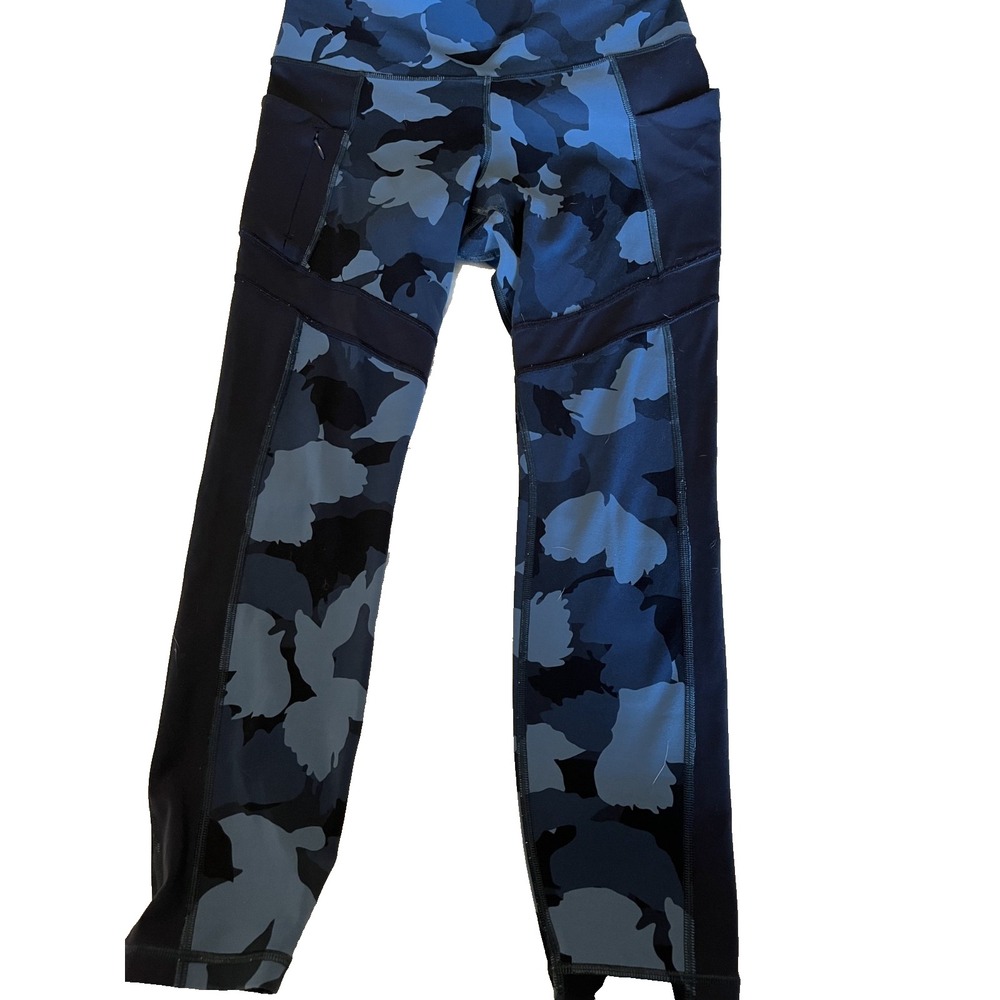 Athleta Pants Women's Blue Camo Capri Crop Leggings Zip Pocket Yoga Sz M
